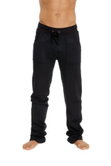 Black mid-weight luxury-fleece drawstring sweatpants with relaxed fit and two front pockets from winter collection