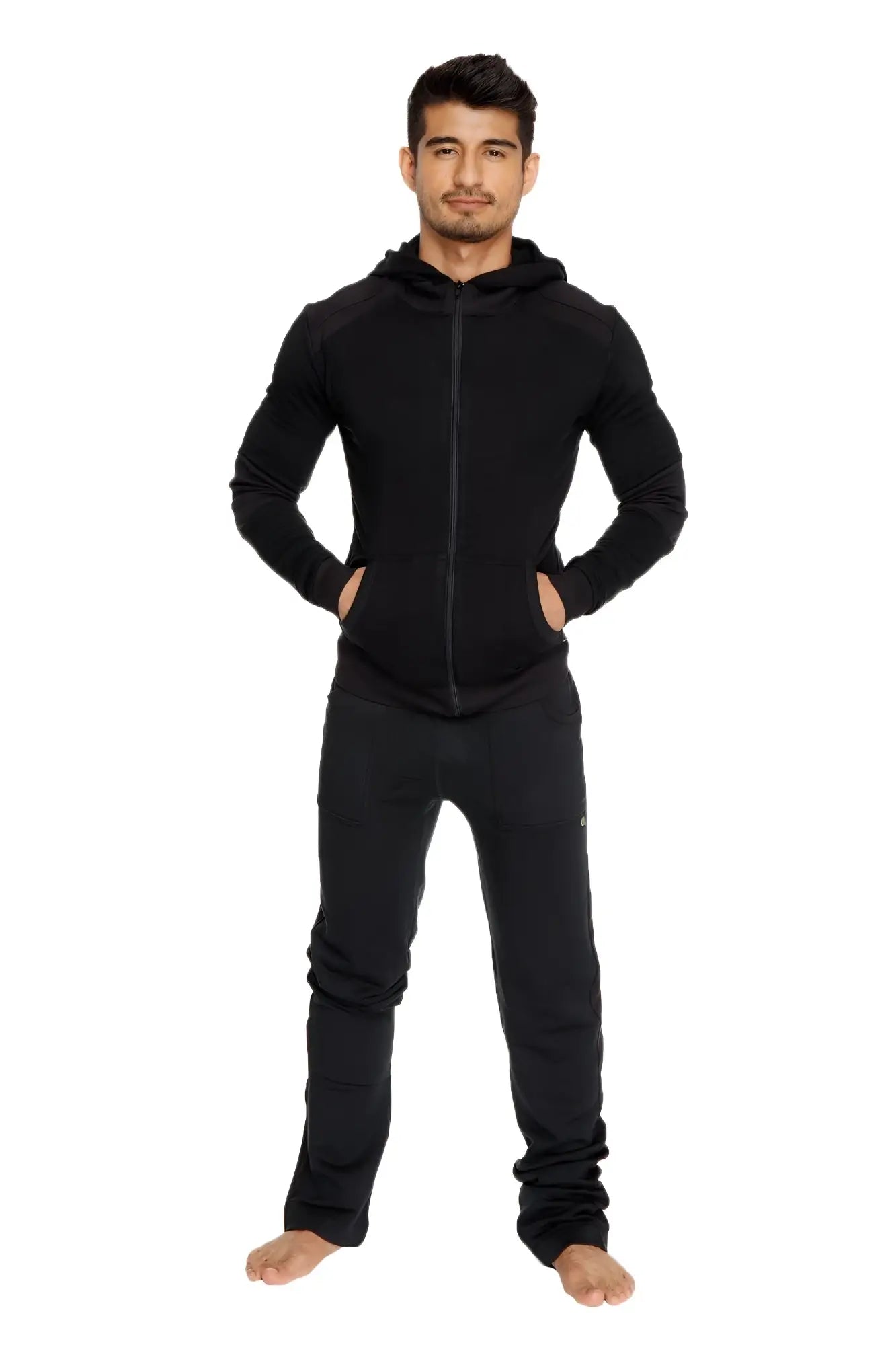 Black zip-up hoodie with long sleeves and front pockets from winter collection mid-weight luxury-fleece track and lounge