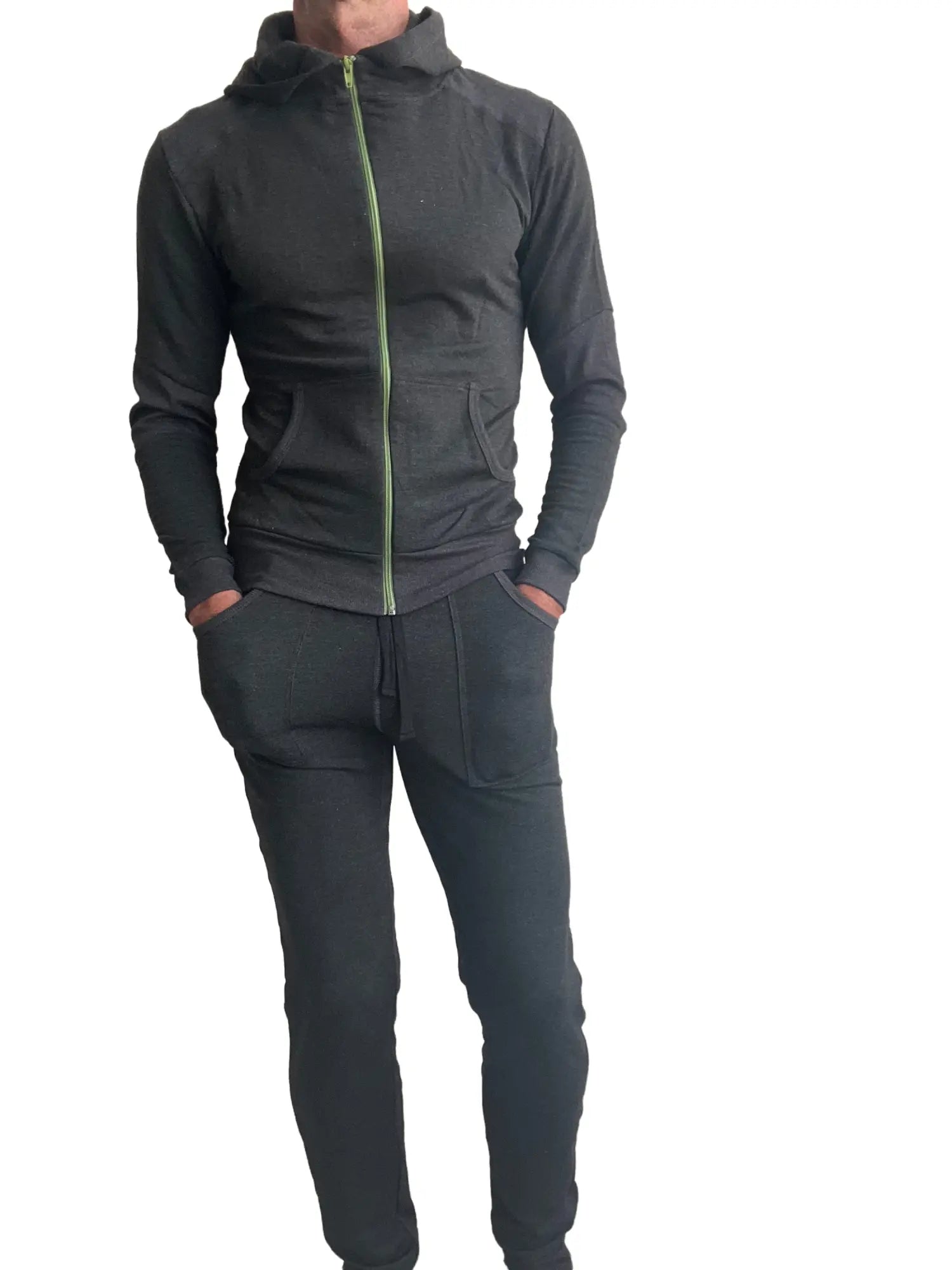Black mid-weight luxury-fleece hoodie with lime green zipper and matching joggers from winter collection