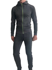 Black zip-up hoodie with neon green zipper and matching mid-weight luxury fleece charcoal sweat pants