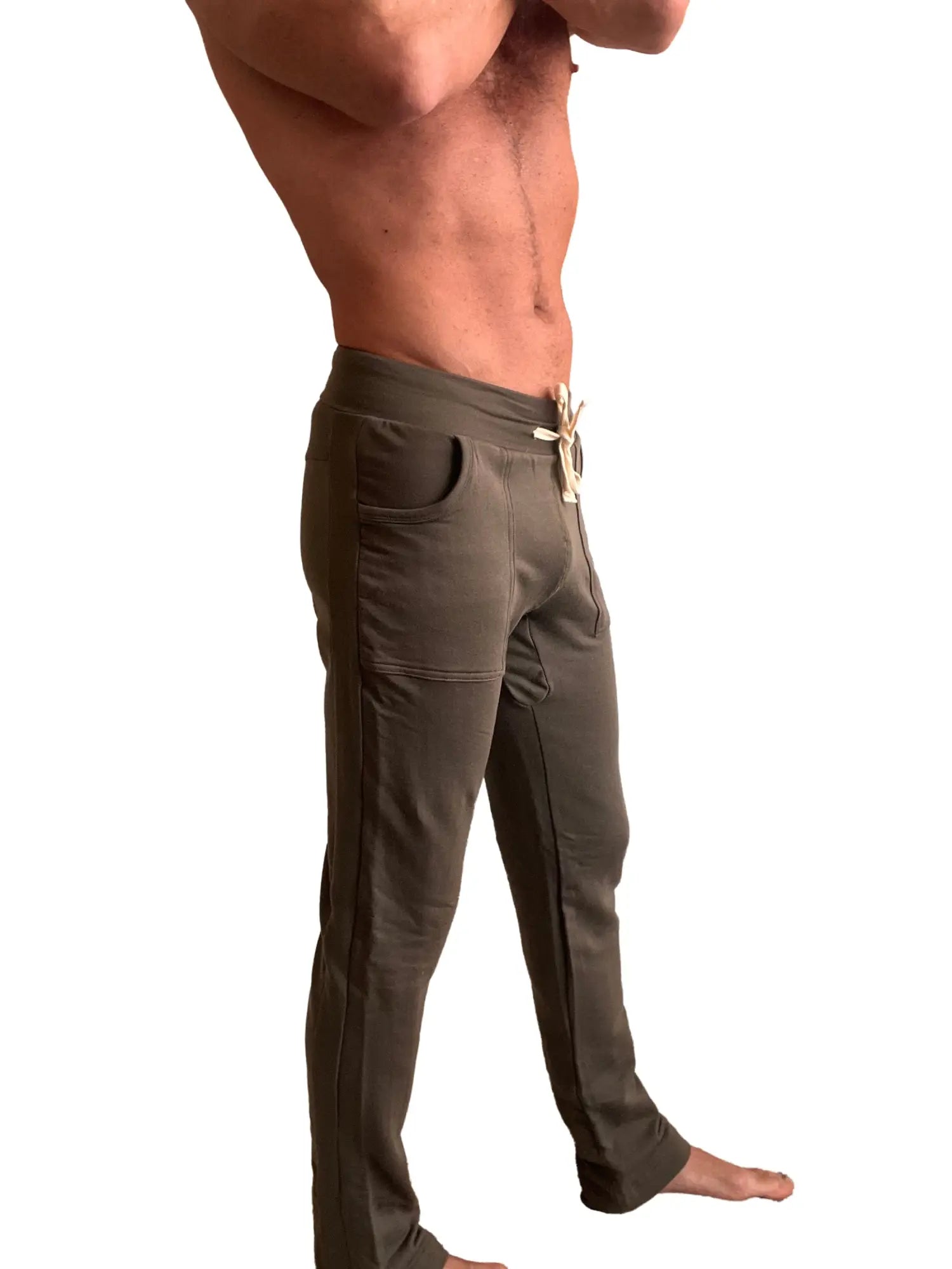 Olive green mid-weight luxury fleece joggers with drawstring waistband and side pockets from winter collection