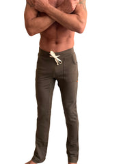 Olive green mid-weight luxury-fleece track and lounge sweat pant with white drawstring and side pockets