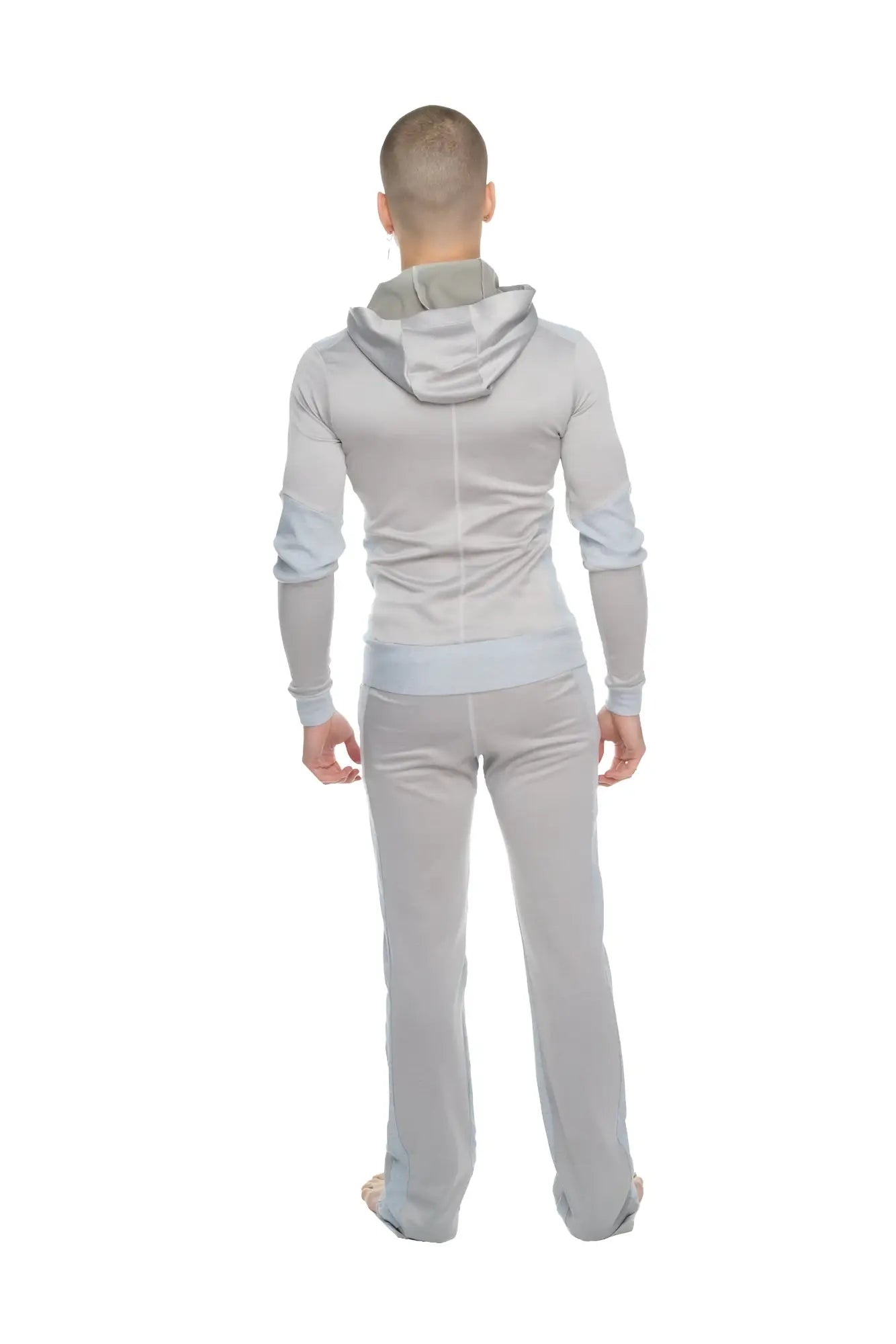 Mid-weight performance-luxe-fleece gray hooded sweatshirt with light blue accents, form-fit crossover yoga track hoodie