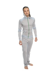 Light gray mid-weight performance-luxe-fleece form-fit yoga track hoodie with green zipper and seam detailing