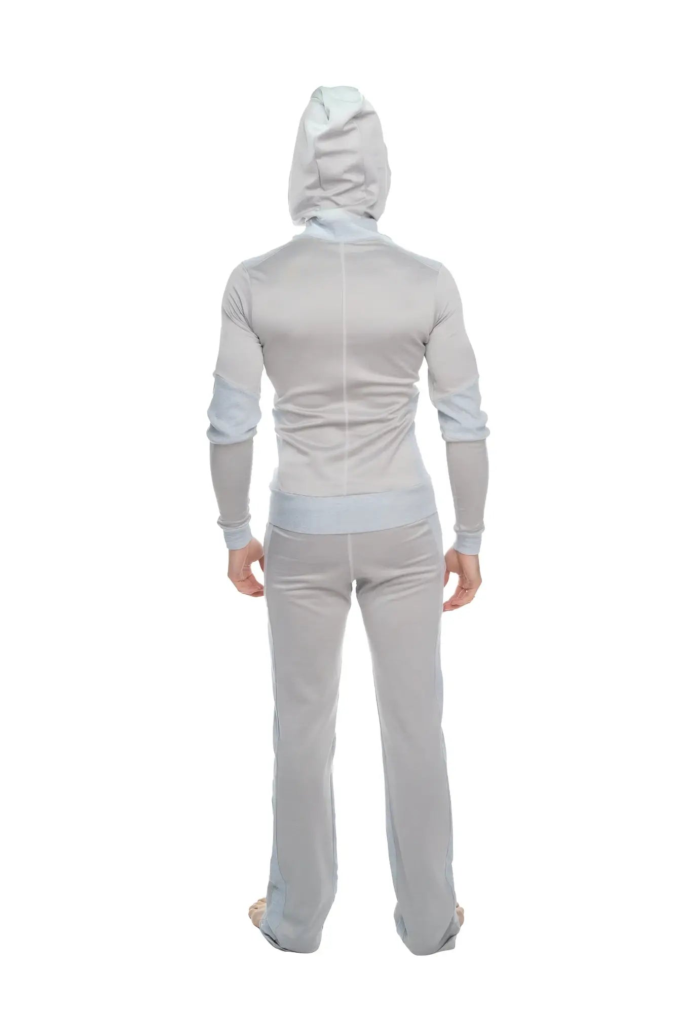 Light gray mid-weight stainless steel grey yoga track hoodie and pants set made of soft stretchy fleece with seam detailing