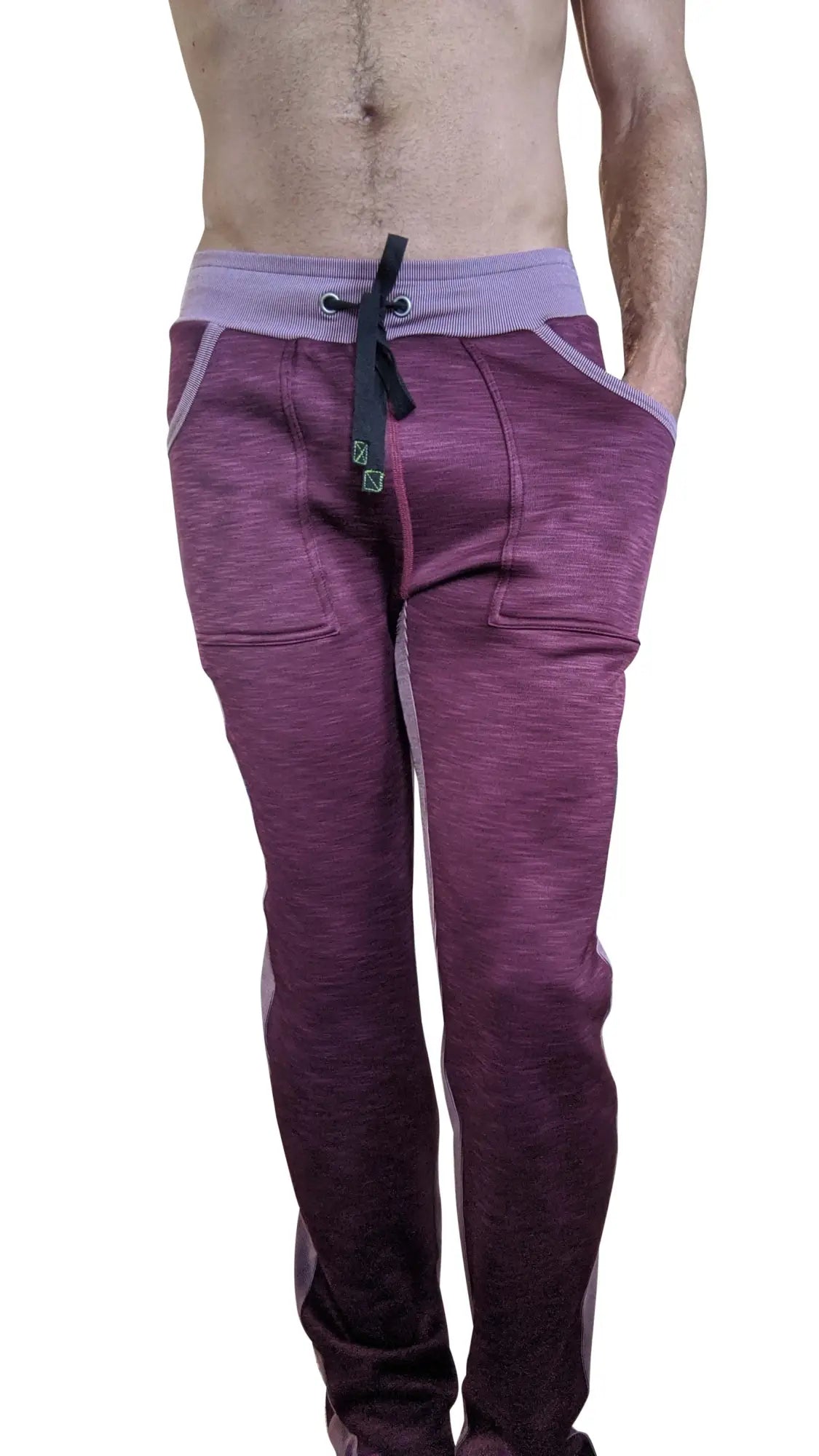 Purple marled thick-weight fleece sweatpants with light purple elastic waistband and black drawstring for winter lounging