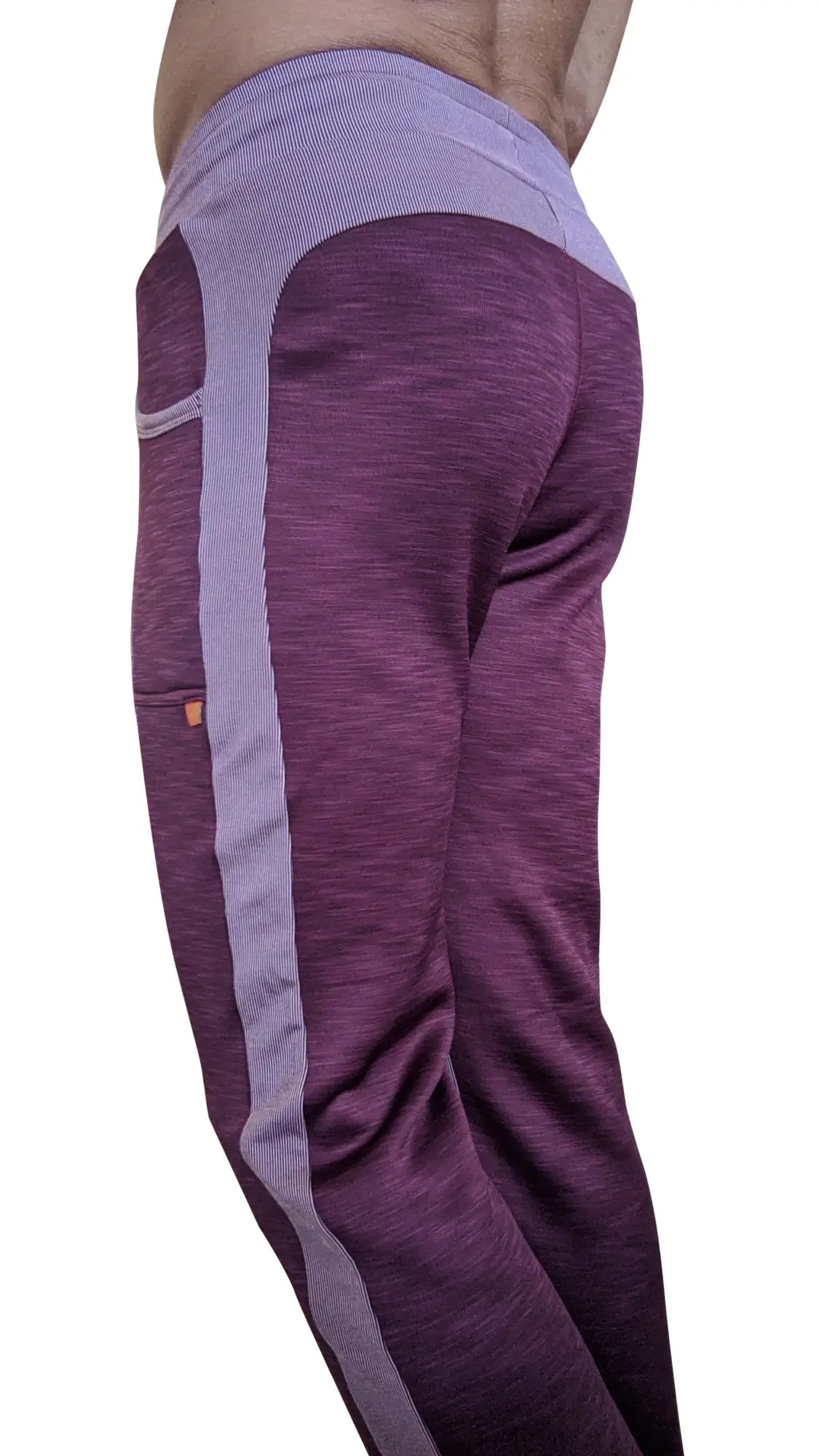 Winter collection thick-weight plum purple fleece track pants with textured fabric and vertical gray side stripes