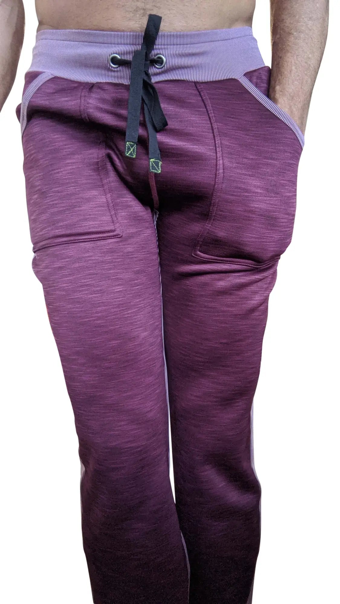 Plum purple thick-weight fleece sweatpants with striped waistband and black drawstring from winter collection