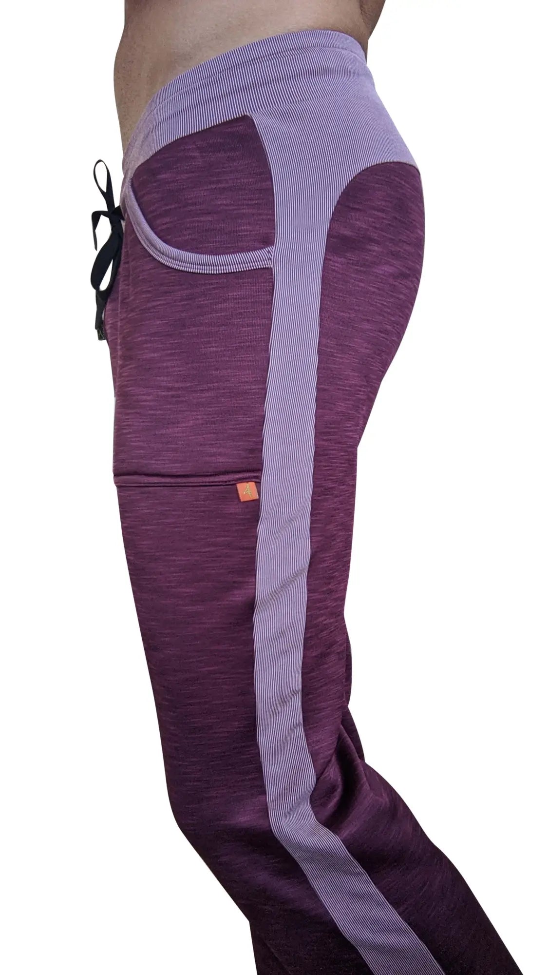 Purple and lavender thick-weight fleece track pants with ribbed side stripe and black drawstring for winter wear