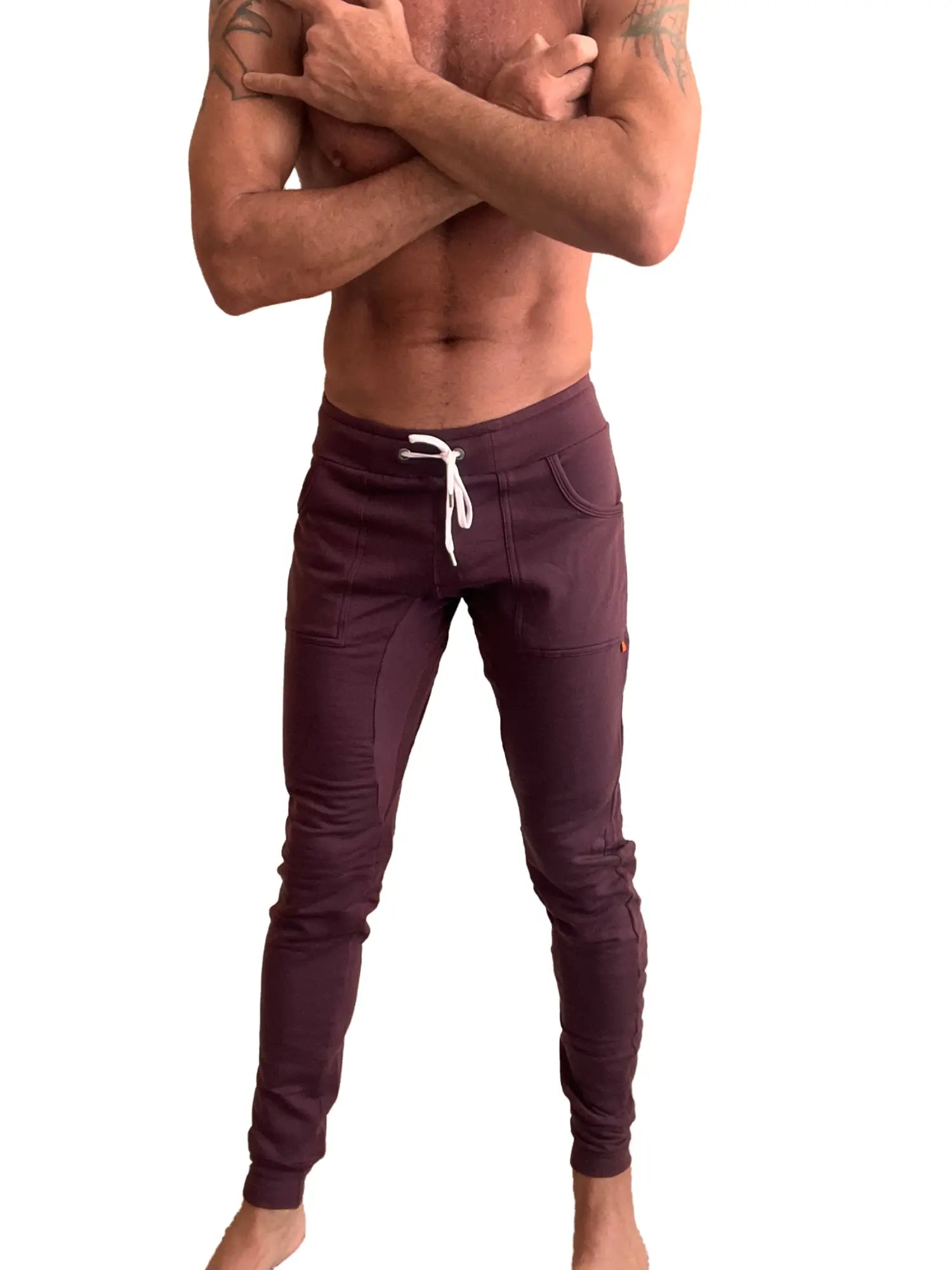 Dark purple luxury-fleece joggers with white drawstring and side pockets winter edition long cuffed sweat pants burgundy