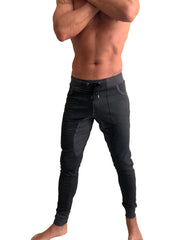 Winter edition luxury fleece long cuffed joggers in charcoal with drawstring waistband and gray thigh paneling