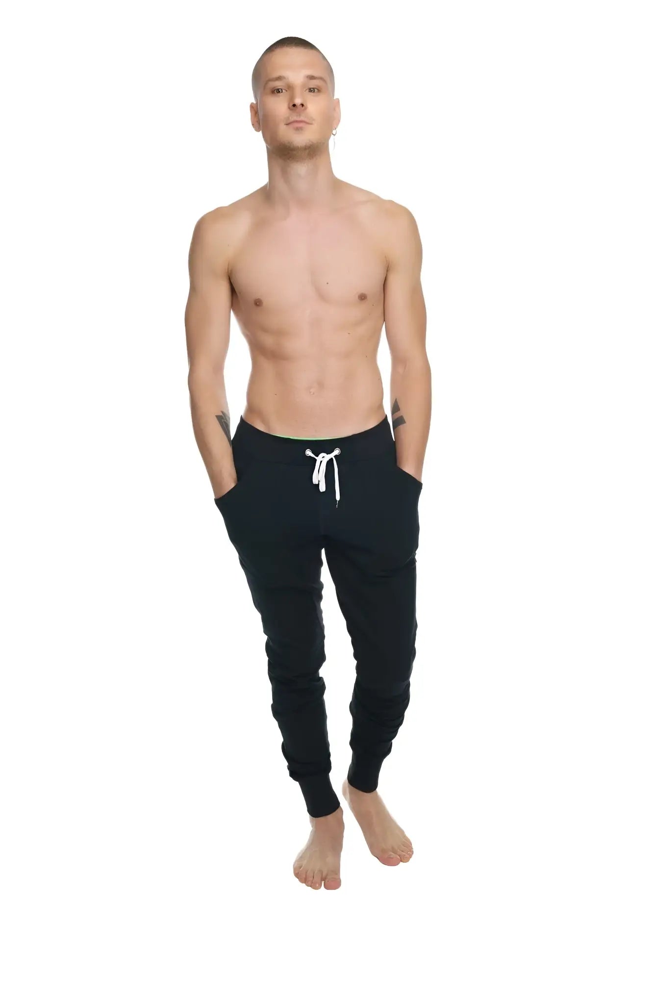 Black winter edition luxury-fleece joggers with white drawstrings and ribbed cuffs for yoga and casual wear