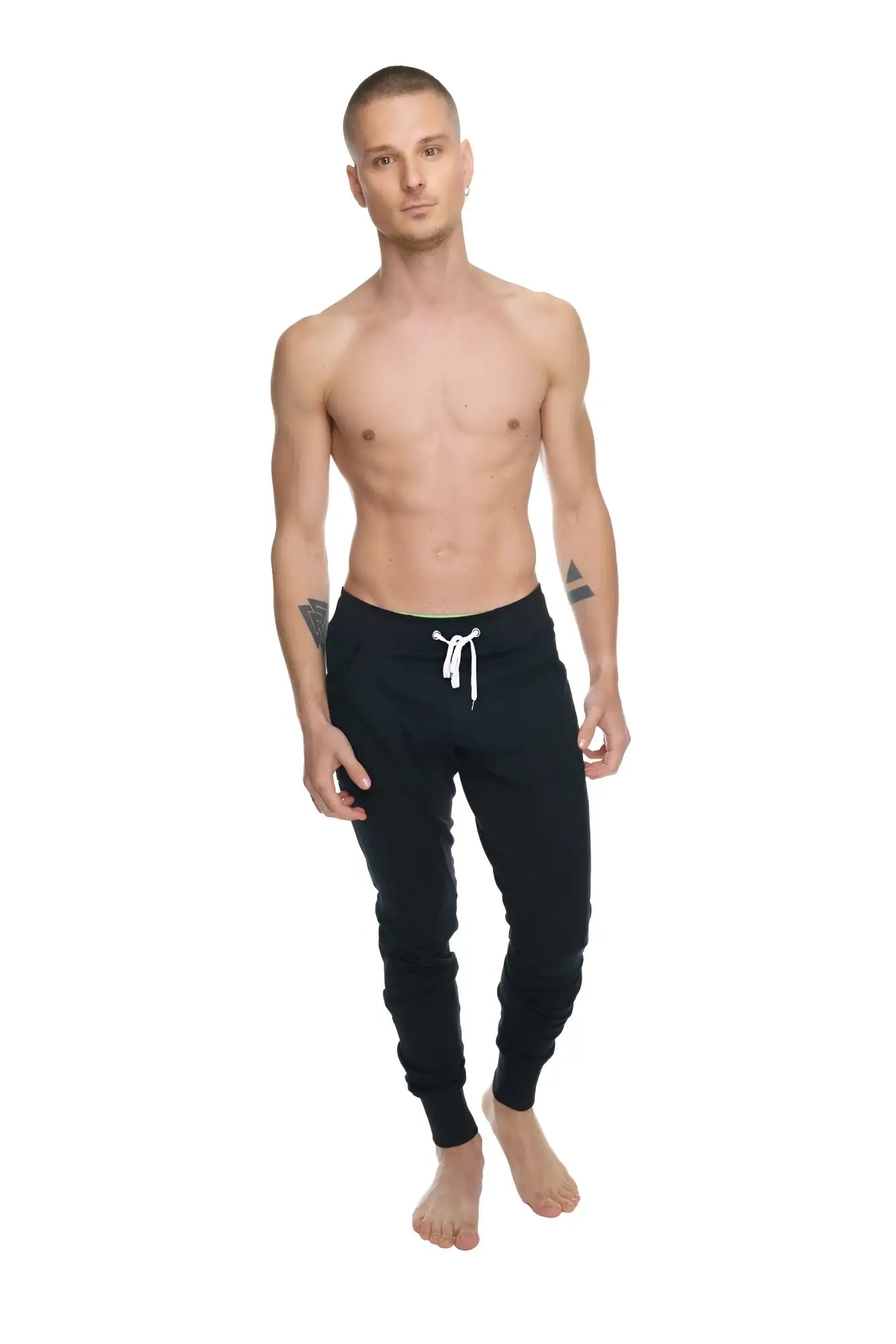 Black luxury-fleece long cuffed joggers with white drawstrings and elastic cuffs winter edition pants