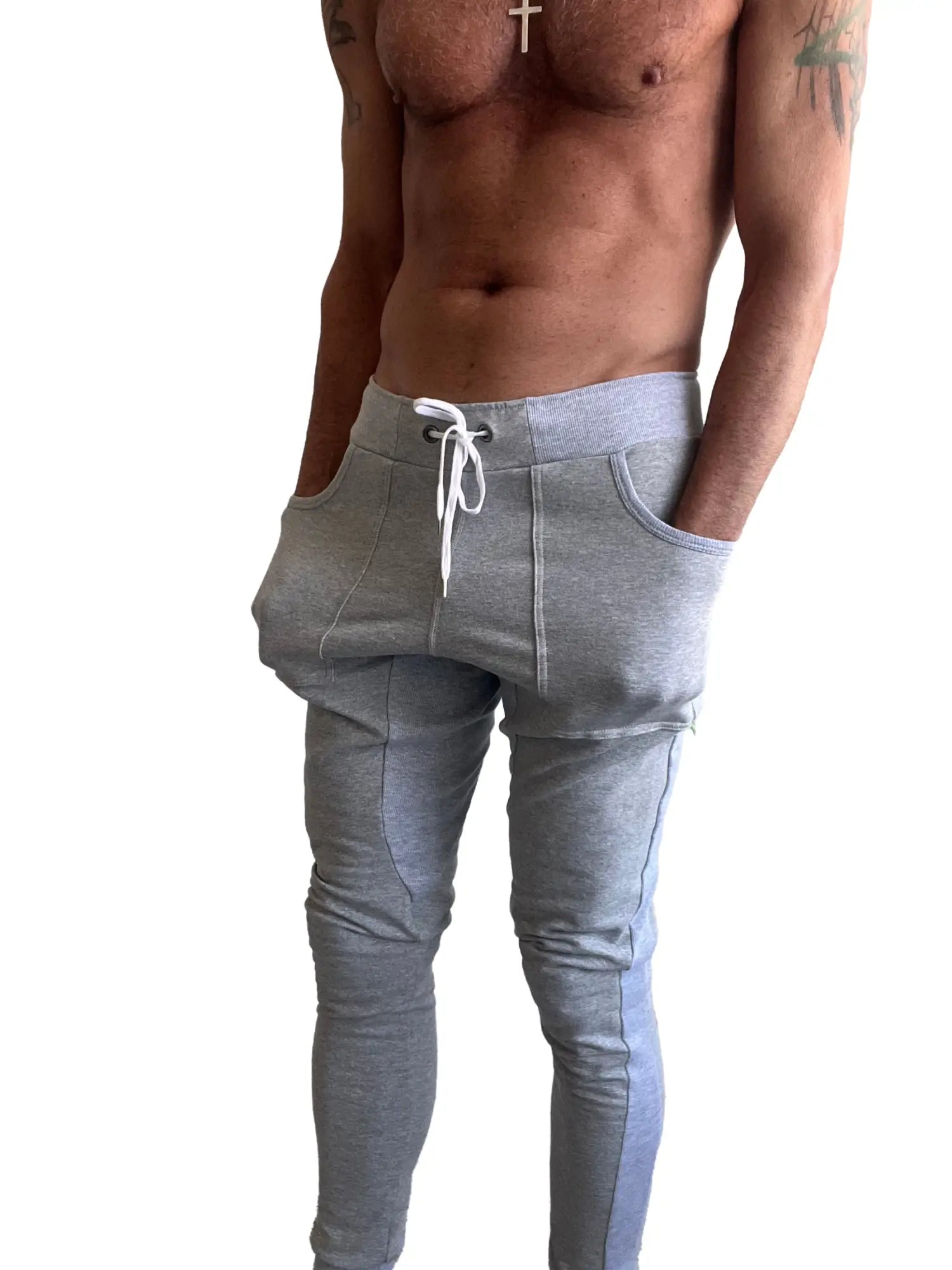 Winter edition luxury fleece long cuffed jogger pants in light heather grey with white drawstring and side pockets