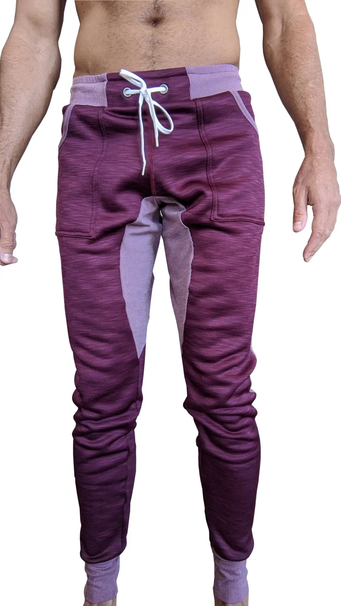 Winter edition plum purple performance luxe fleece long cuffed joggers with purple lavender color block and white drawstring