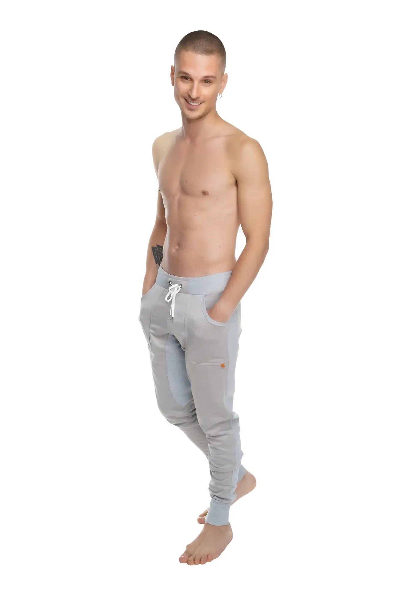 Winter edition stainless steel grey jogger pants with white drawstrings gold logo fleece long cuffed design