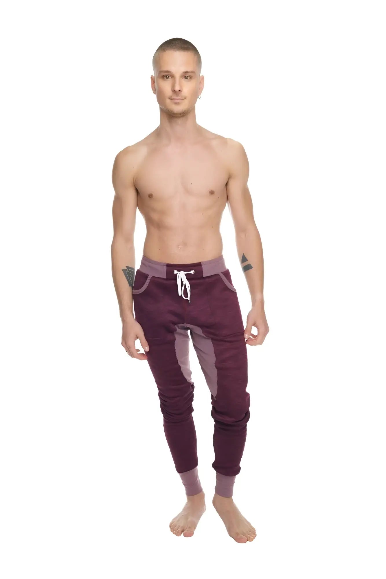 Winter edition performance-luxe-fleece long cuffed jogger in maroon and lavender with white drawstring waistband