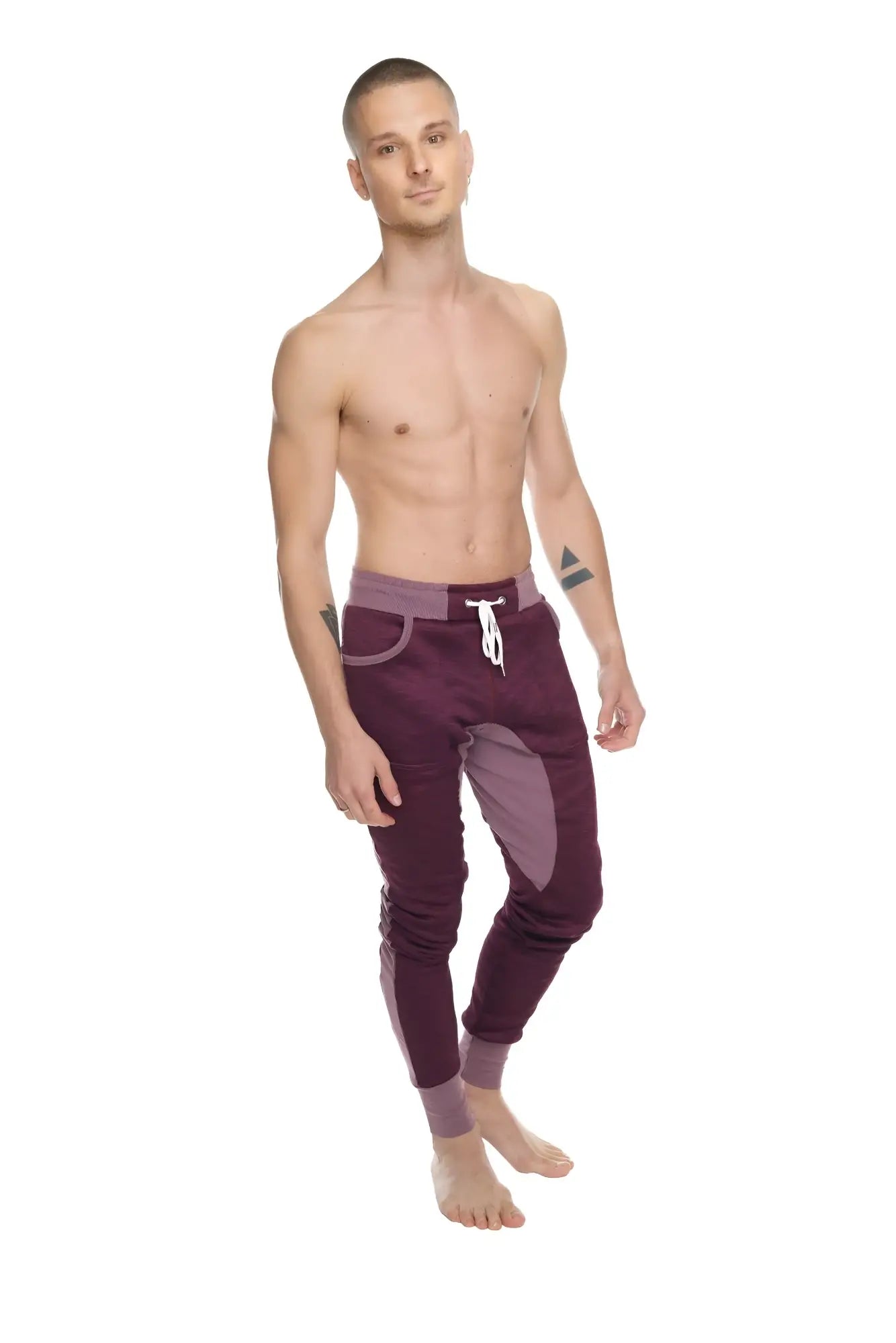 Maroon and lavender color-blocked winter edition performance-luxe-fleece joggers with drawstring waistband