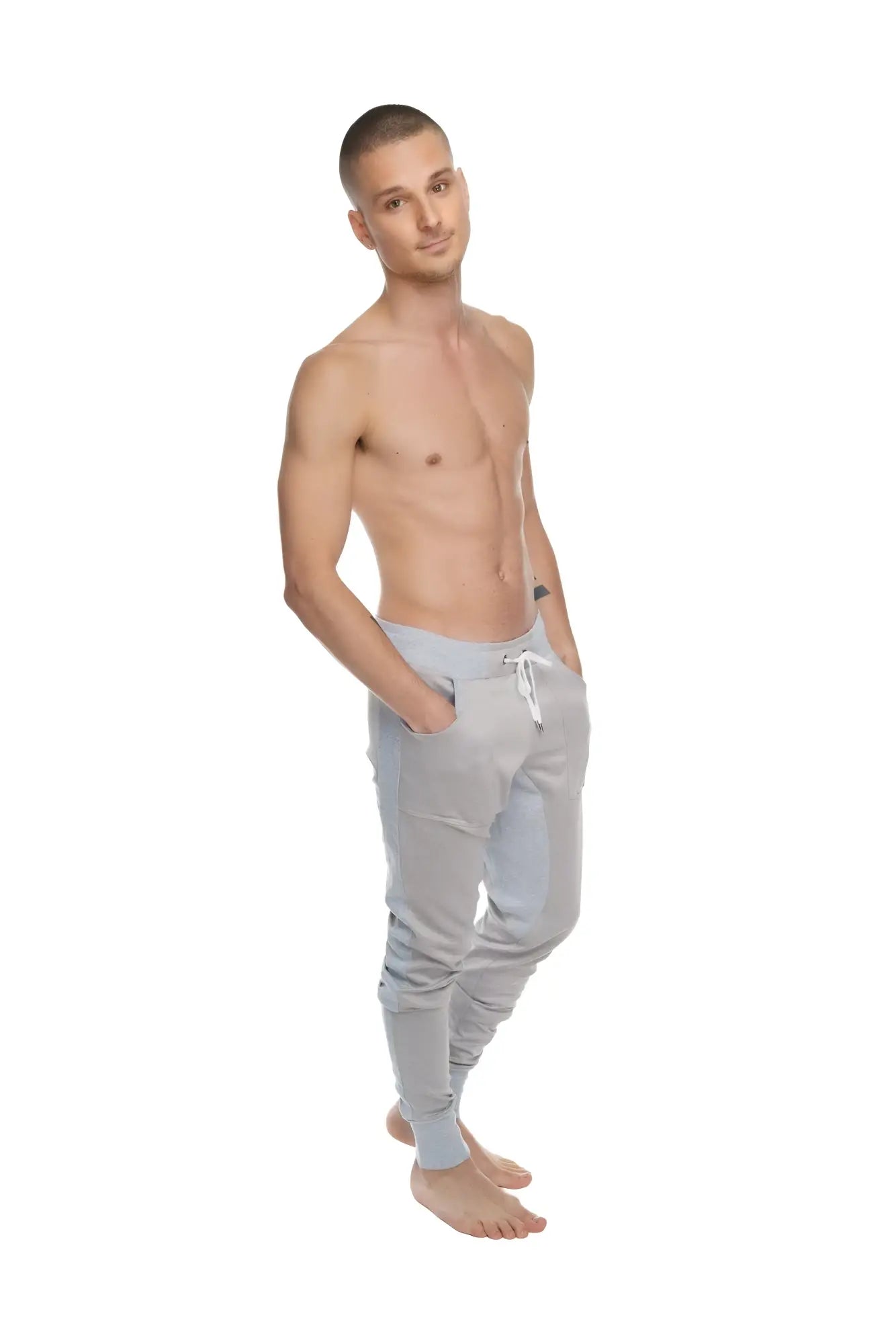 Light gray stainless steel grey jogger pants with drawstring waistband and tapered legs in performance-luxe fleece