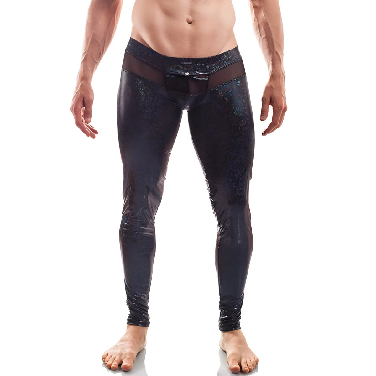 Wojoer black jack disco powernet insert button leggings with black glossy shimmering fabric and sheer mesh waistband