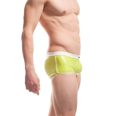 Wojoer candygreen pleather piping curved hem sprinter boxer briefs in vibrant lime green with white waistband size XL