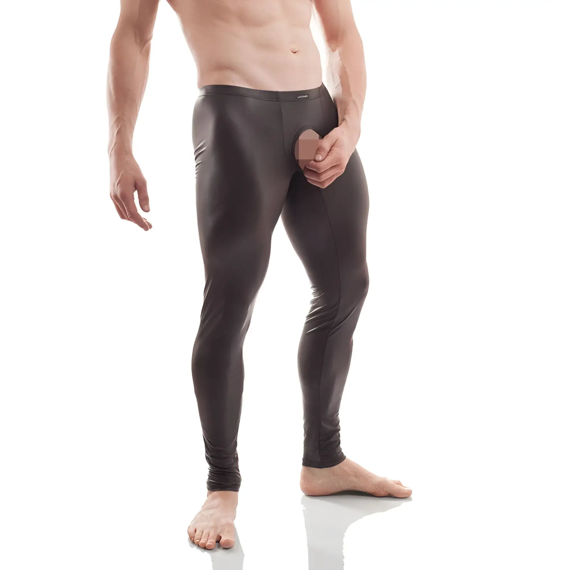 Wojoer crotchless pleather leggings black shiny form-fitting with subtle reflective sheen size xl shown from the back