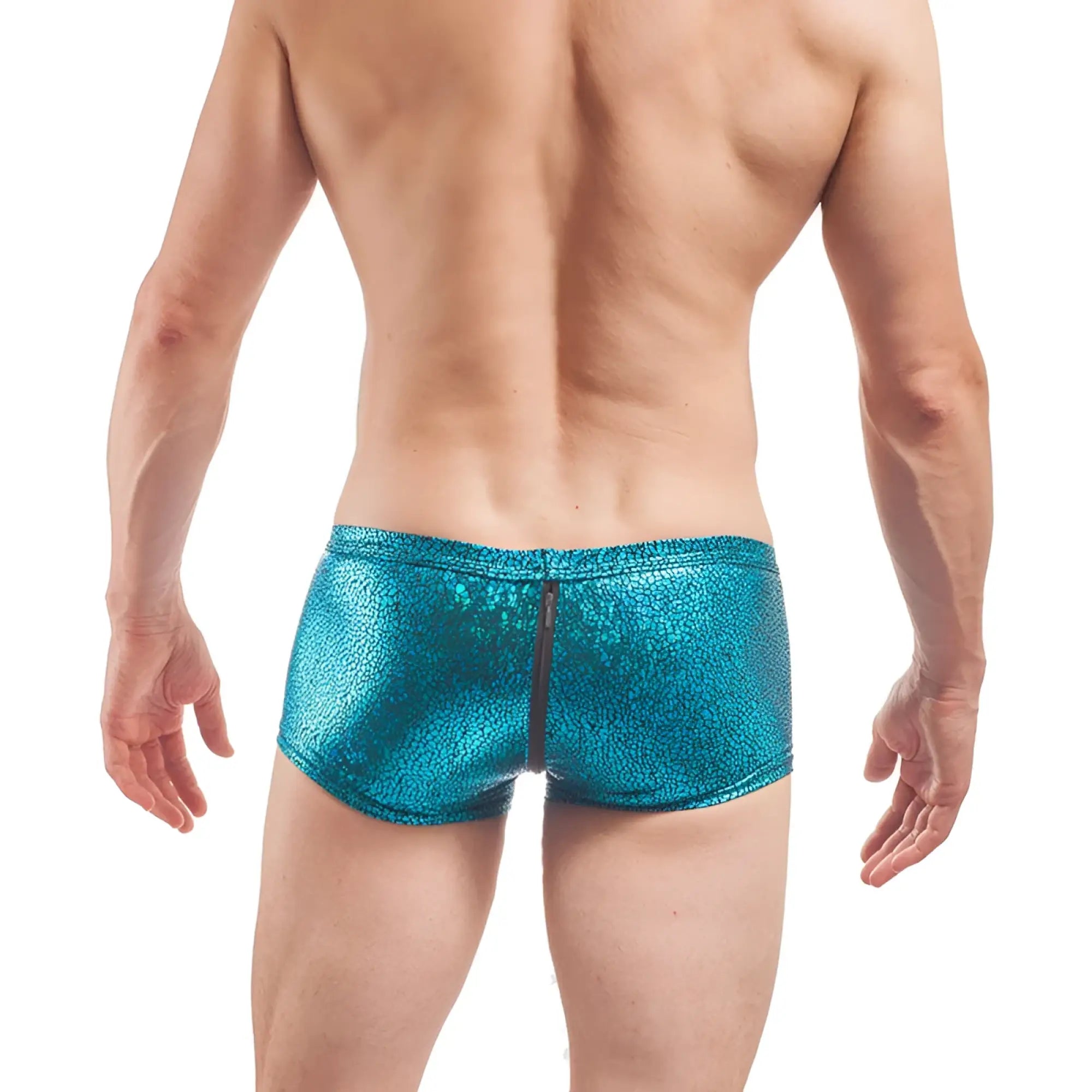 Wojoer desert shiny crackle glass zipper boxer brief underwear in shiny teal metallic with textured pebbled surface size XL