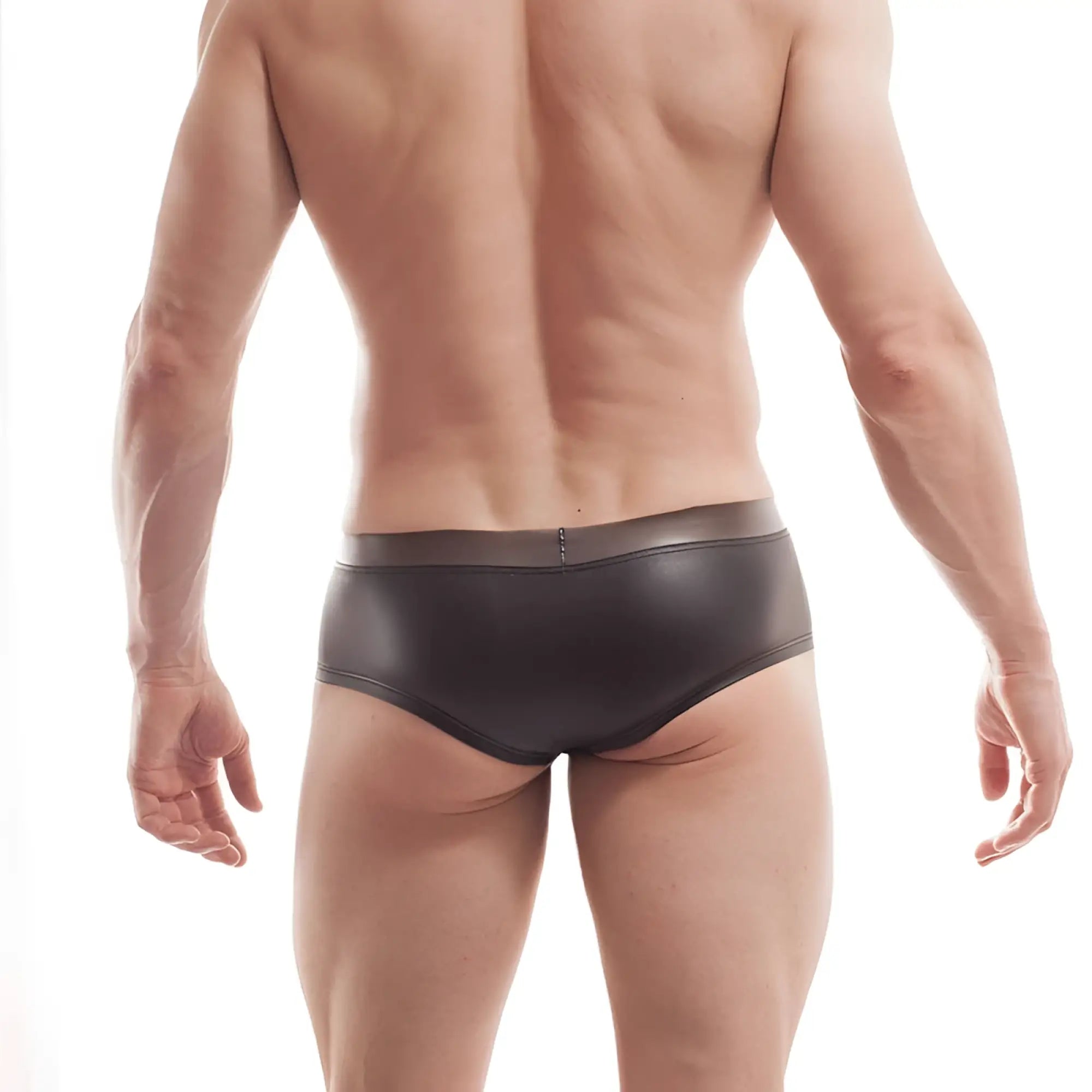 Wojoer funplastic rubber transparent waistband mini hipster boxer briefs in black faux leather with glossy finish size XL