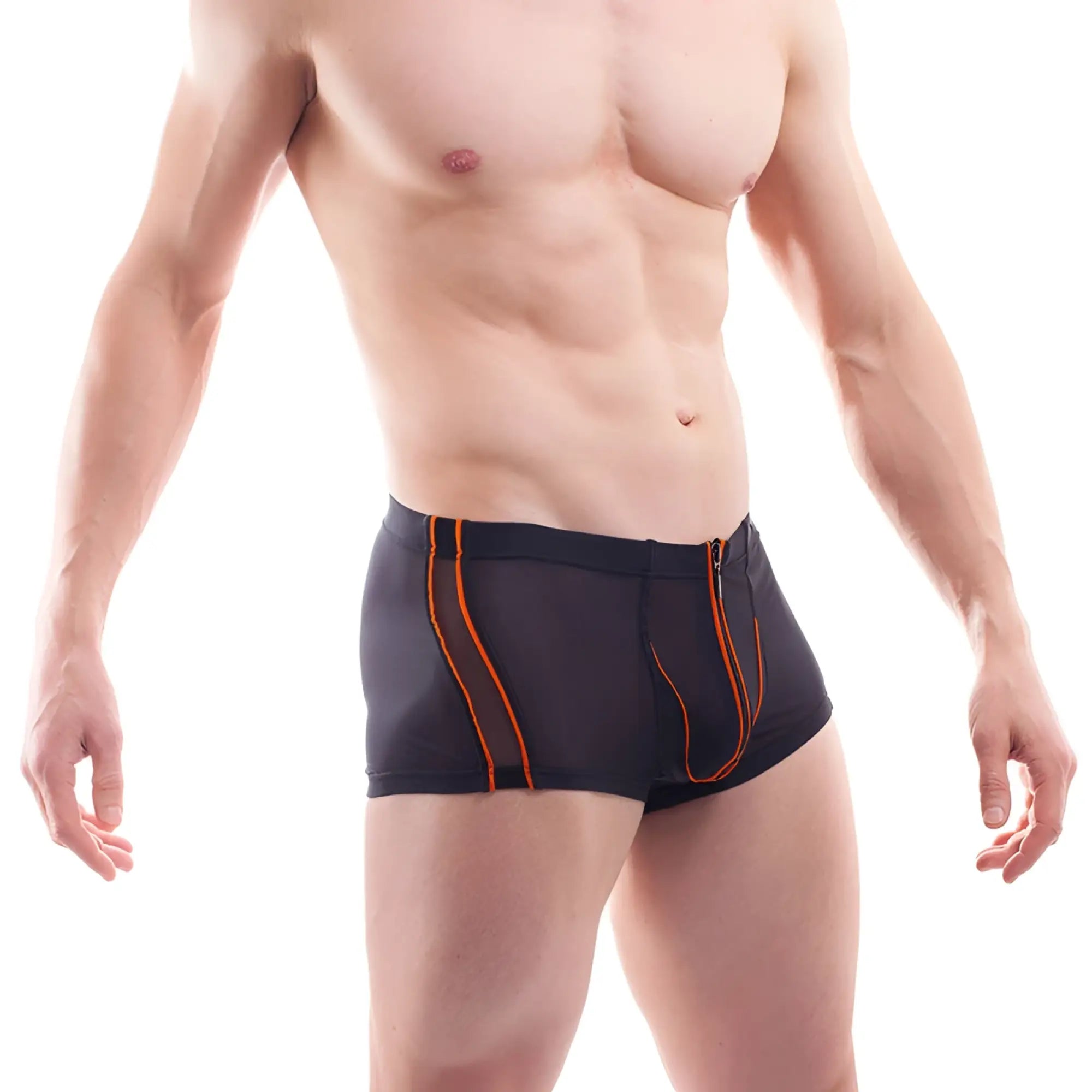 Wojoer orange line powernet insert zipper boxer brief underwear in black with vibrant orange piping and front zipper detail