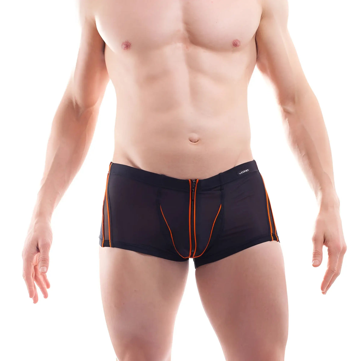 Black wojoer athletic boxer briefs with orange zipper and powernet insert trim size medium front view