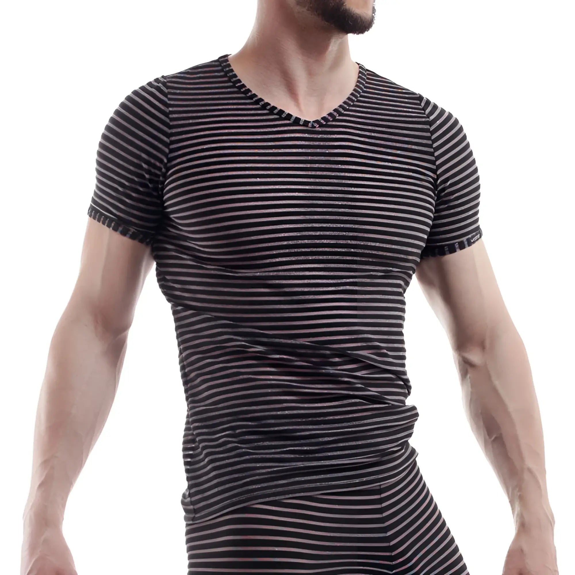 Wojoer black and white glitter stripe v neck short sleeved t shirt size l with horizontal stripes