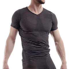 Wojoer black and white glitter stripe v neck short sleeved t shirt size l with horizontal stripes