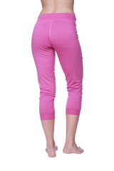 Women’s 3/4 cuffed capri yoga pant in berry with charcoal features snug elastic waistband and ribbed cuffs