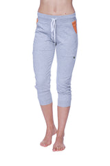 Women’s heather grey 3/4 cuffed capri yoga pants with orange side pockets and white drawstring waistband