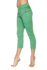 Women’s bamboo green capri yoga pants with high waist white drawstring and side zipper pockets