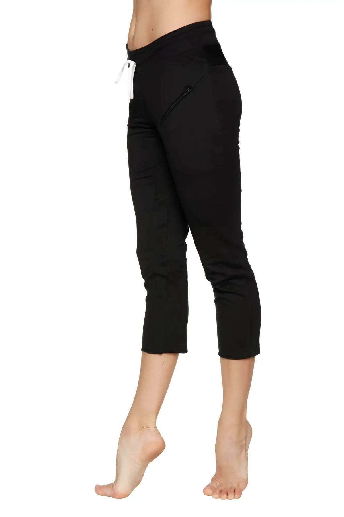 Black capri-length yoga pants with high-waisted elastic band white drawstring and side zippered pockets for women