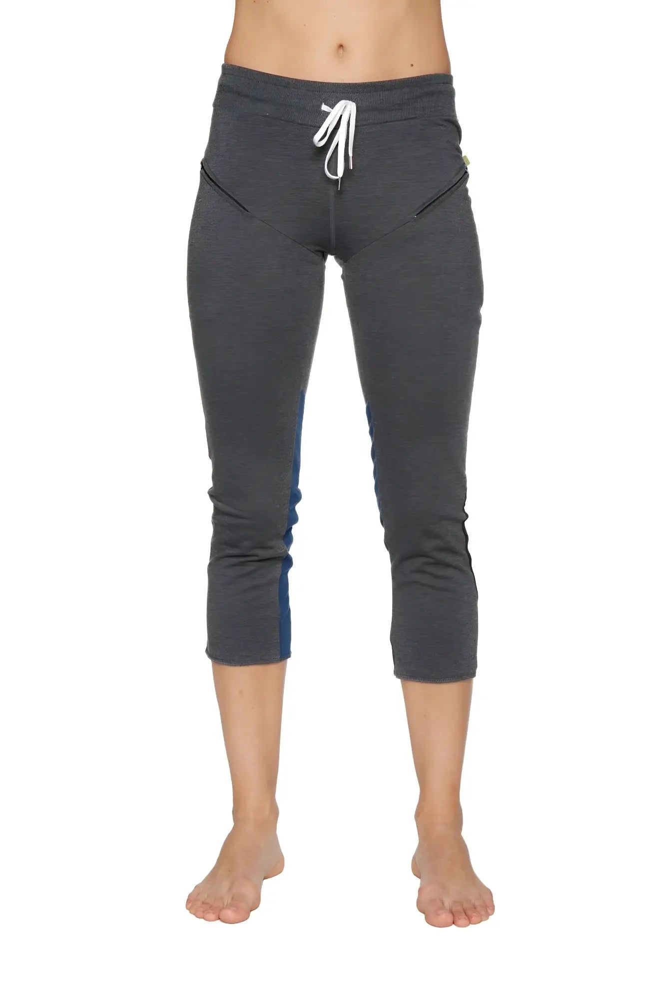 Women’s charcoal capri yoga pants with blue side panels, white drawstring waistband, and zipper pockets