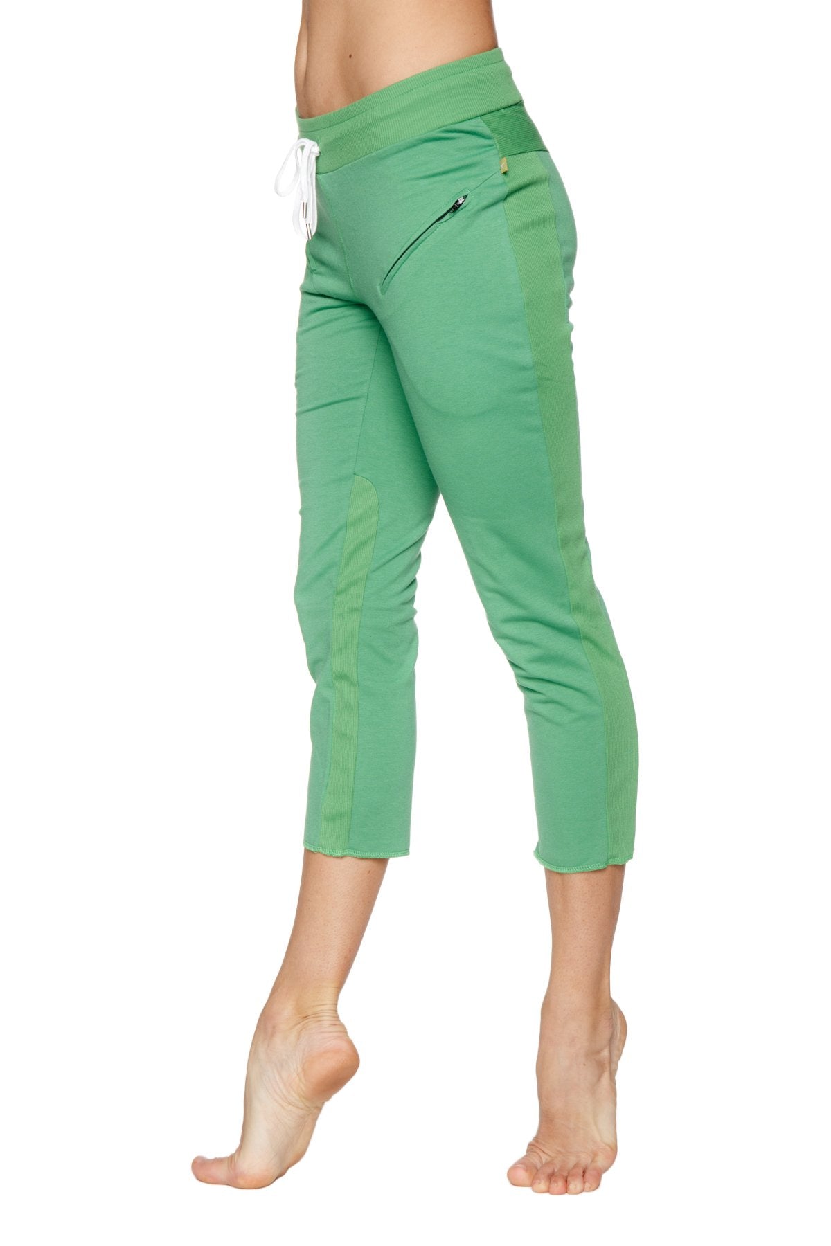 Women’s bamboo green capri yoga pants with high waist white drawstring and side zipper pockets