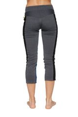 Women’s charcoal gray capri yoga leggings with black side panels blue accent and stretchy waistband for comfort