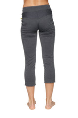 Dark gray soft-textured women’s 4/5 length zipper pocket capri yoga pants with black elastic waistband charcoal color
