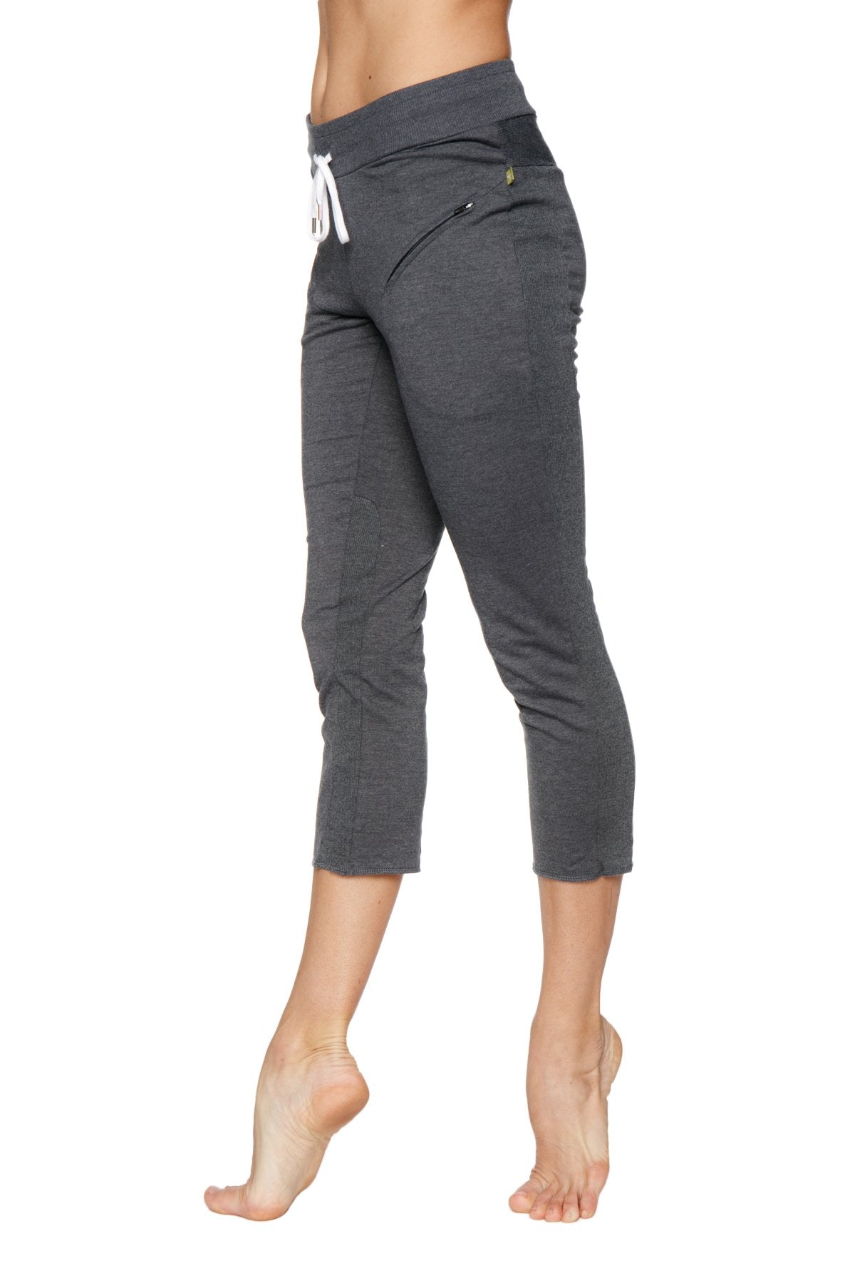 Women’s charcoal capri yoga pants with drawstring waistband zipper pocket and side pockets for active wear