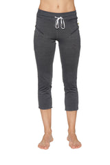 Women’s charcoal dark gray heathered 4/5 length capri yoga pant with white drawstring waistband and side pockets