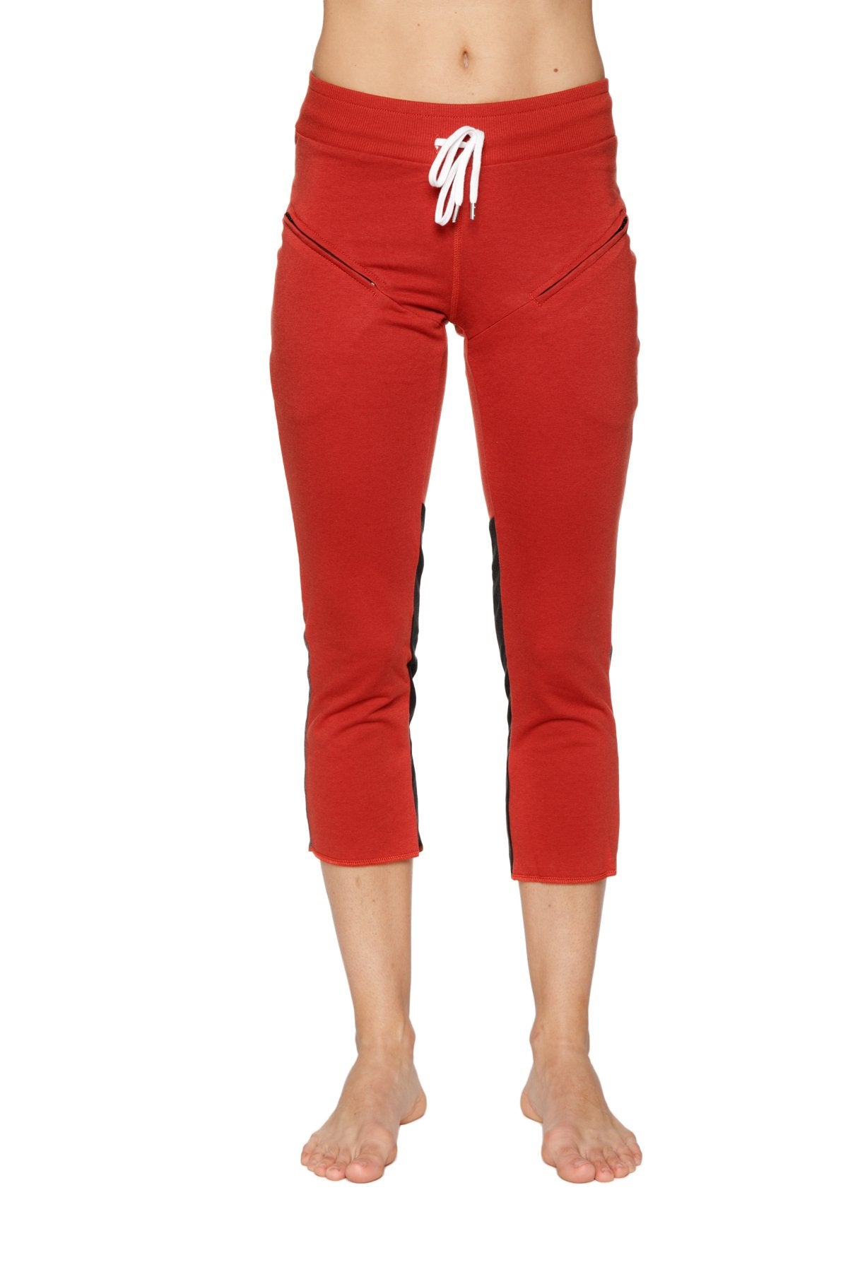 Women’s cinnabar 4/5 length capri yoga pants with black side stripes and white drawstring waistband