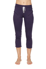 Women’s navy blue capri yoga pants with white drawstring waistband and side pockets for activewear and comfort