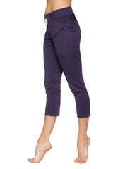 Women’s navy blue high-waisted 4/5 length zipper pocket capri yoga pants with white drawstring and side pockets