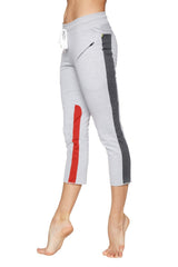 Women’s gray red 4/5 length capri yoga pants with zipper pocket and drawstring waistband for athletic use