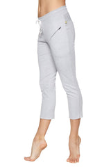 Women’s heather grey 4/5 length capri yoga pants with drawstring waistband and zippered side pocket