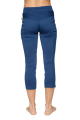 Navy blue women’s 4/5 length zipper pocket capri yoga pants with high-waisted elastic band and subtle side seam detailing