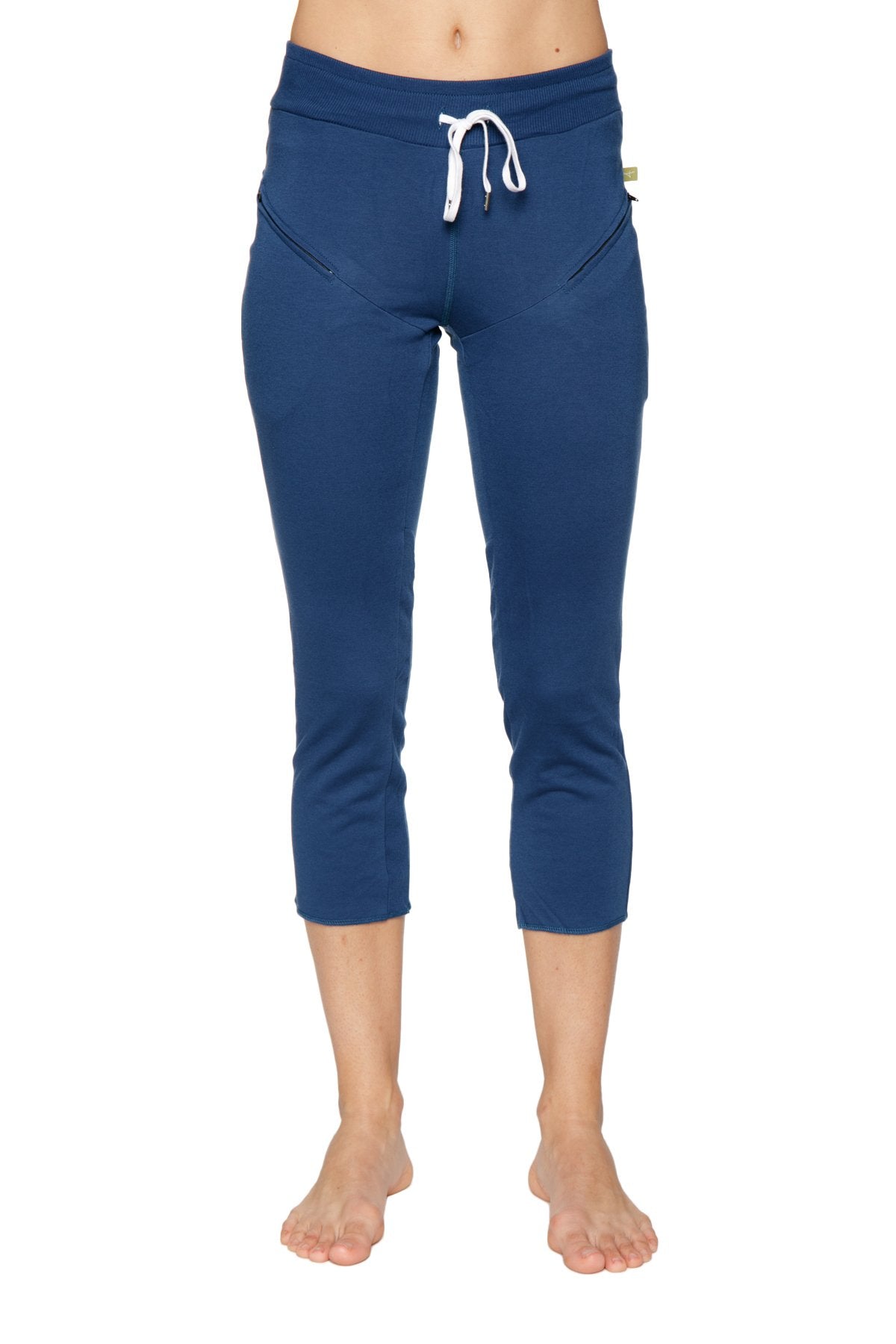 Women’s royal navy blue 4/5 length zipper pocket capri yoga pants with white drawstring waistband and side pockets