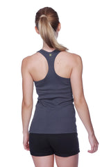Women’s all-American racerback tank top in dark gray heather with a small gold logo at the neckline